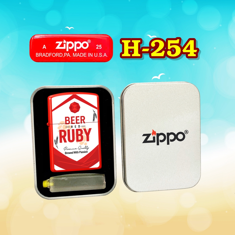 Bật lửa Zippo sơn tĩnh điện logo bia Ruby - hộp thiếc kèm xăng