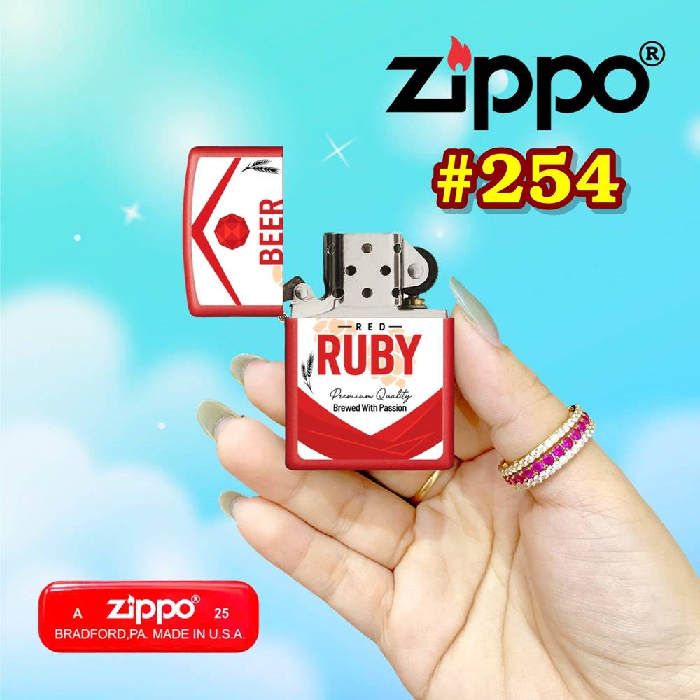 Bật lửa Zippo sơn tĩnh điện logo bia Ruby - hộp thiếc kèm xăng