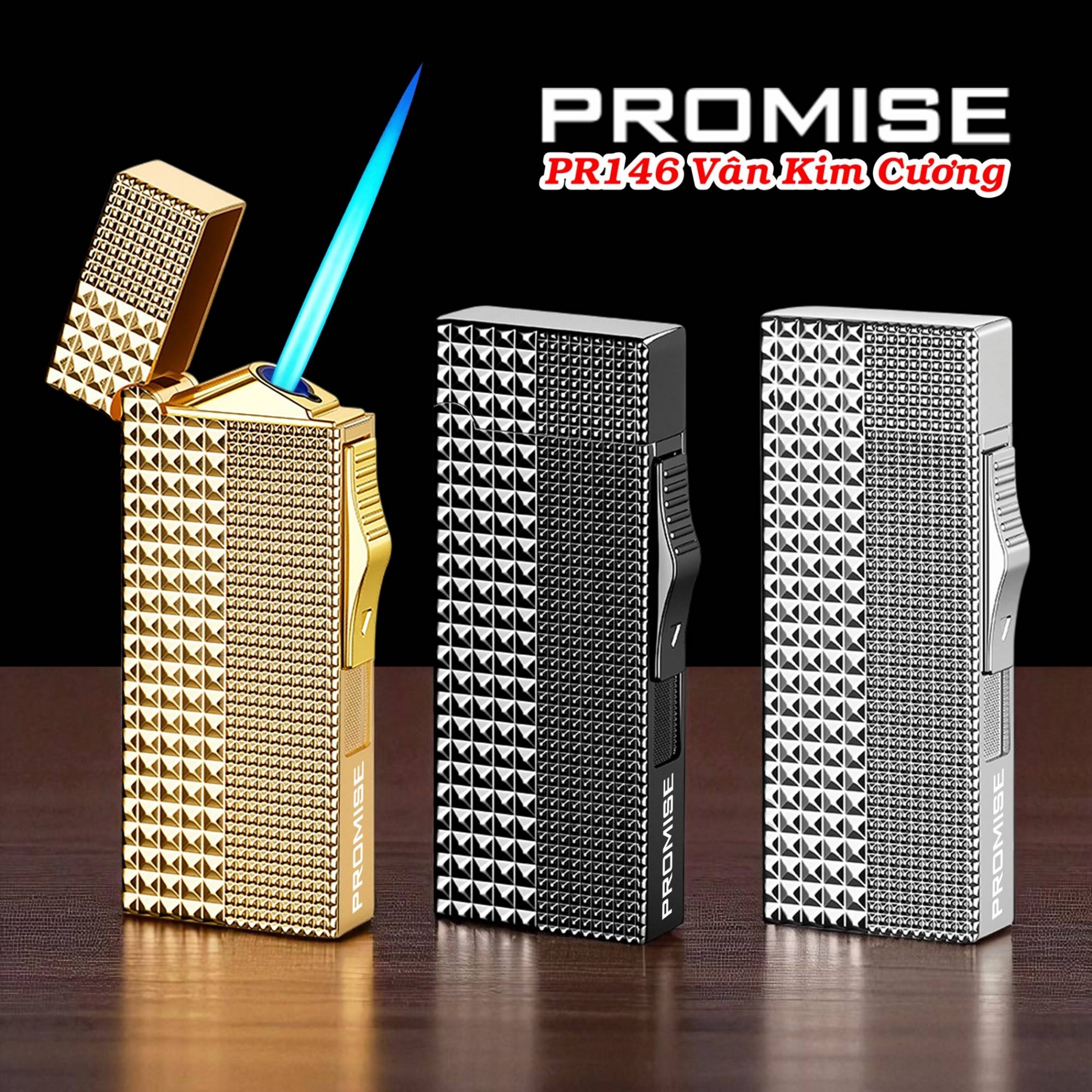 Bật lửa khè Promise PR-146 vân kim cương dập nổi 2 mặt - (xài gas)