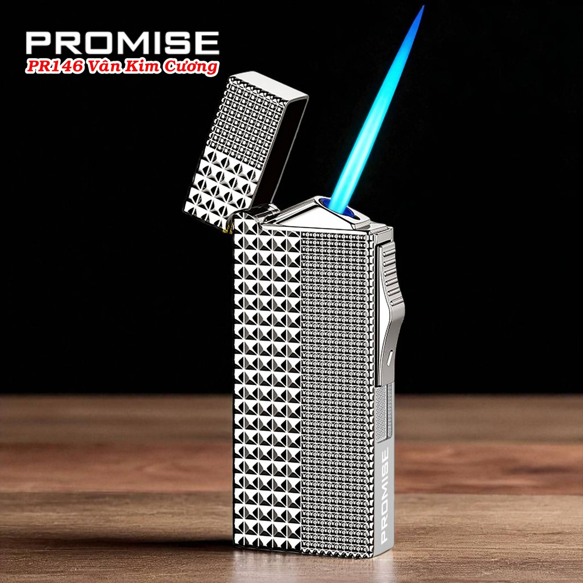Bật lửa khè Promise PR-146 vân kim cương dập nổi 2 mặt - (xài gas)