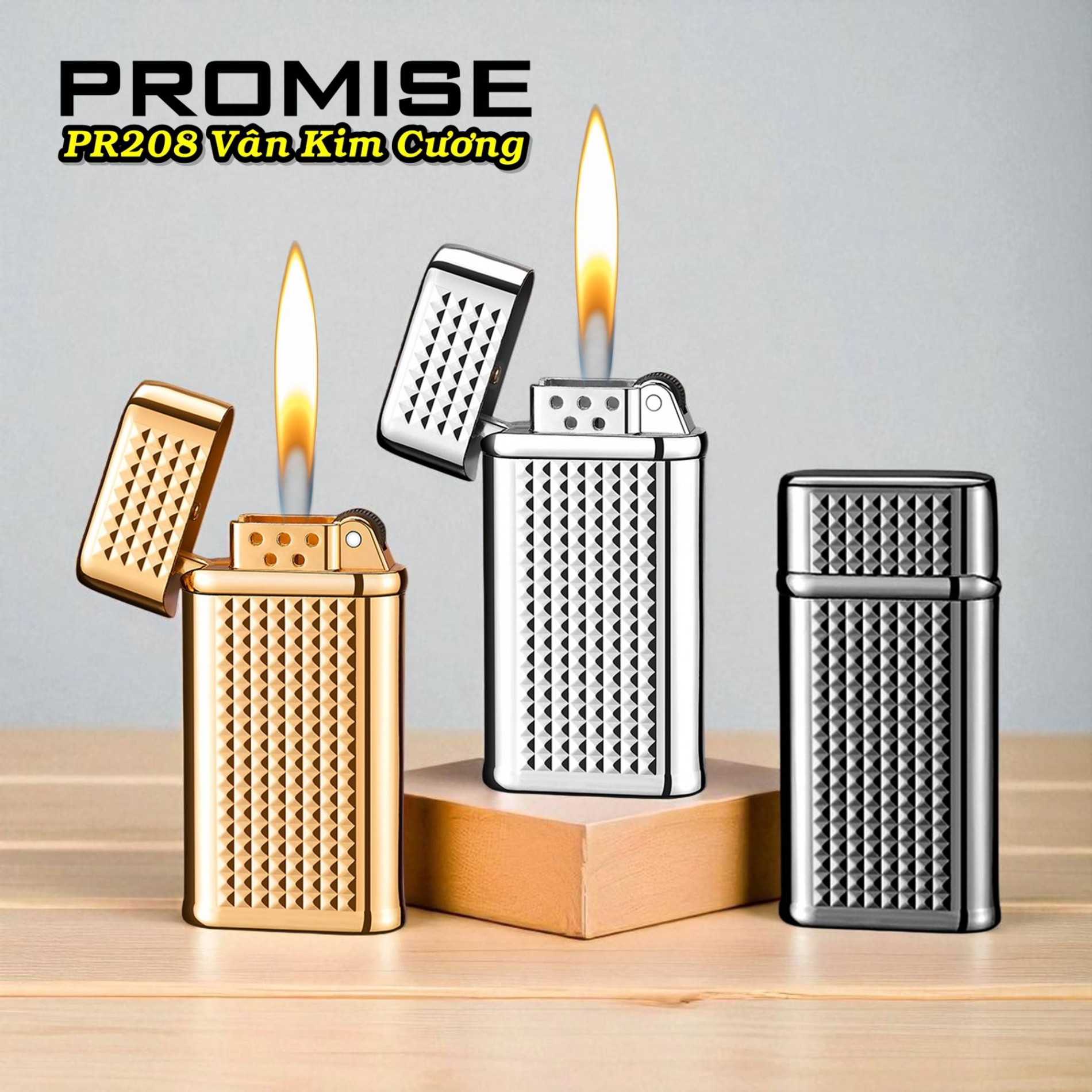 Bật lửa gas đá Promise PR-208 vân kim cương gas đá rãnh tay xài gas