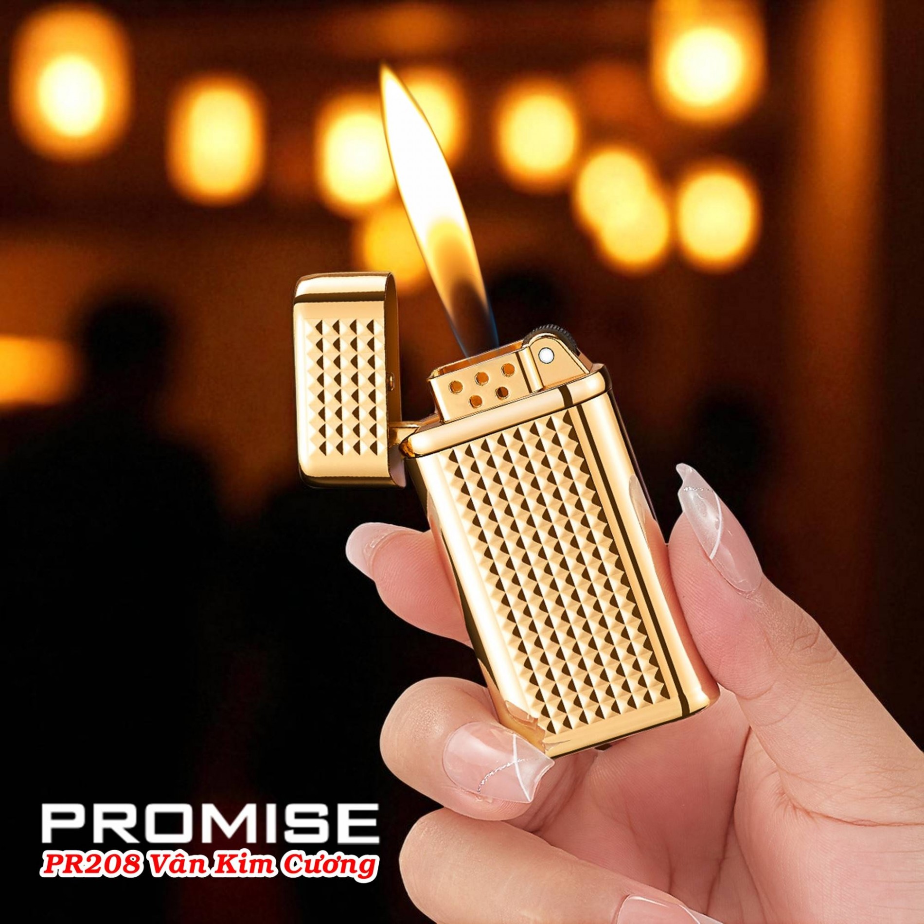 Bật lửa gas đá Promise PR-208 vân kim cương gas đá rãnh tay xài gas