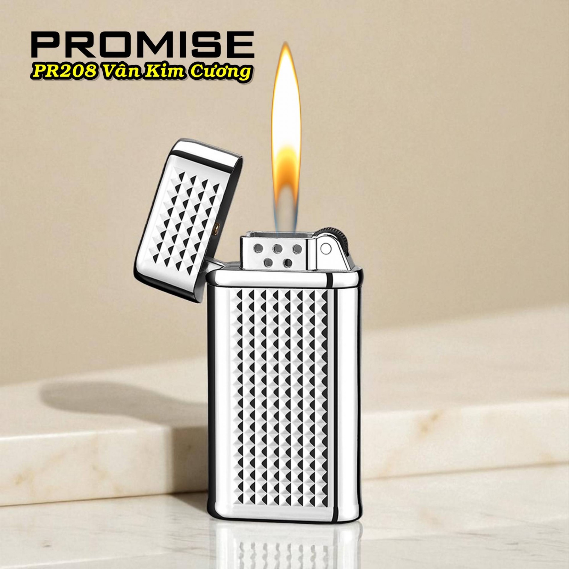 Bật lửa gas đá Promise PR-208 vân kim cương gas đá rãnh tay xài gas