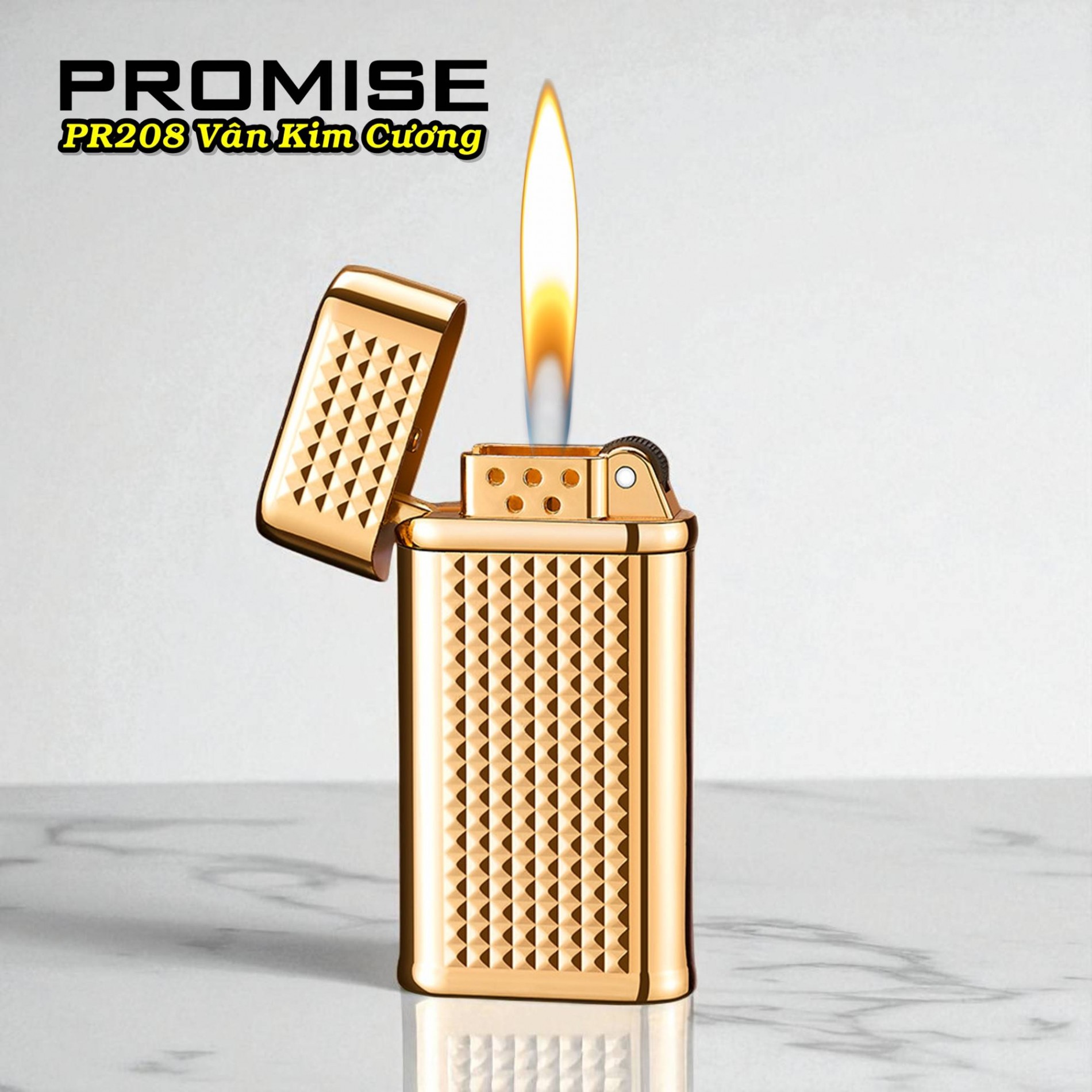 Bật lửa gas đá Promise PR-208 vân kim cương gas đá rãnh tay xài gas