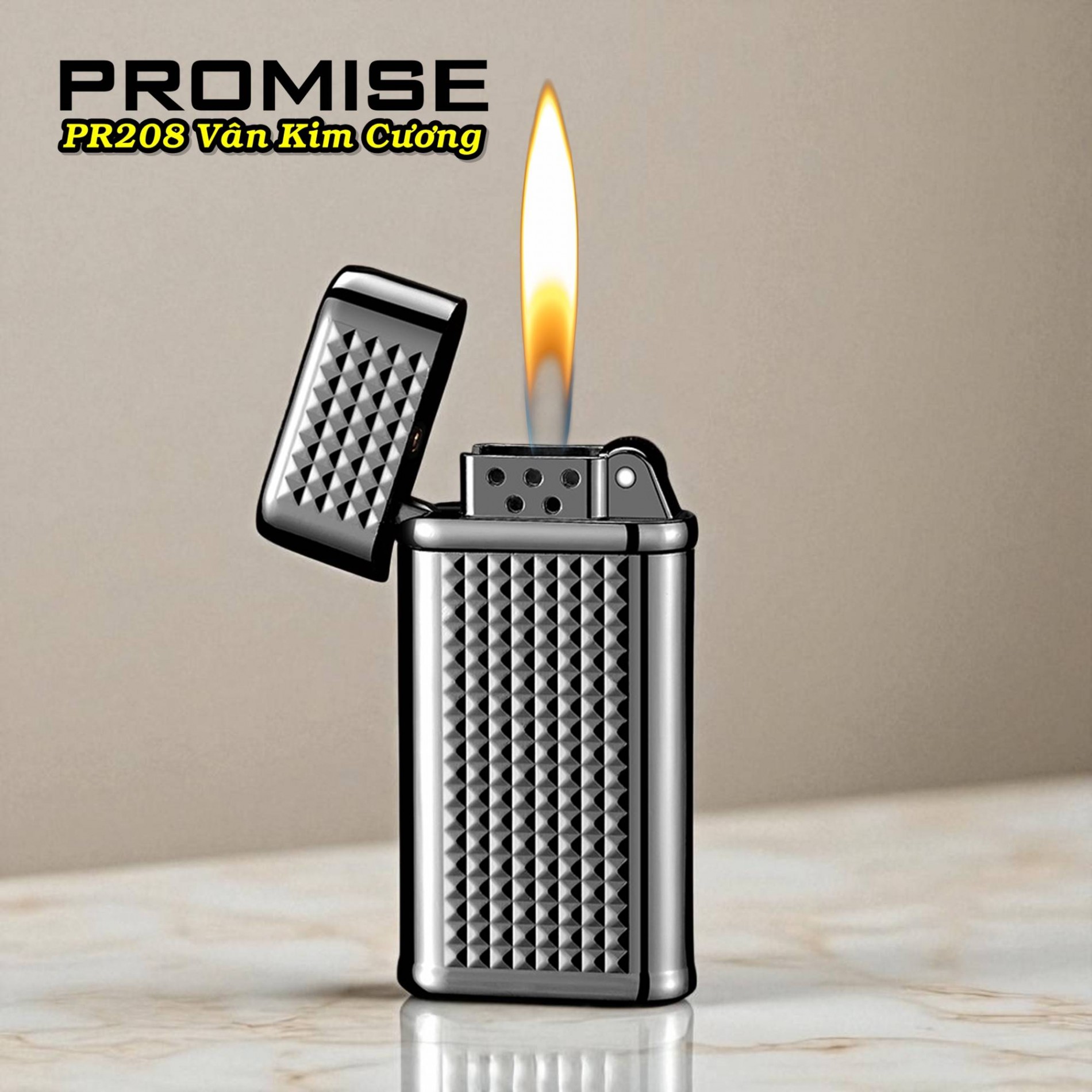 Bật lửa gas đá Promise PR-208 vân kim cương gas đá rãnh tay xài gas