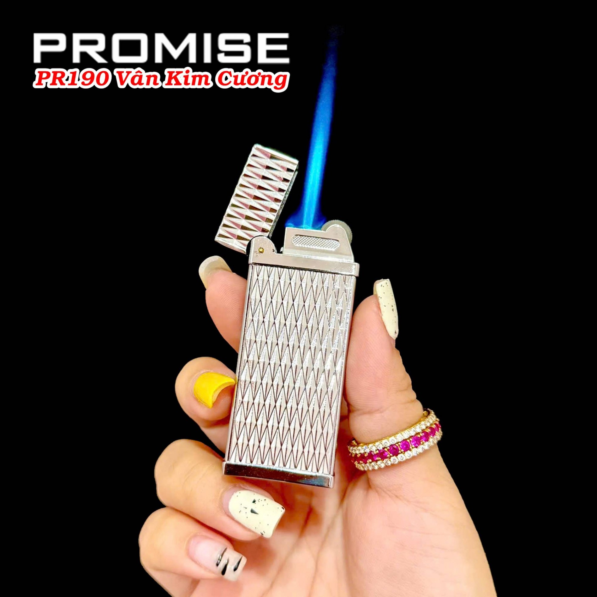 Bật lửa Promise PR-190 vân kim cương gas đá rãnh tay lửa khò