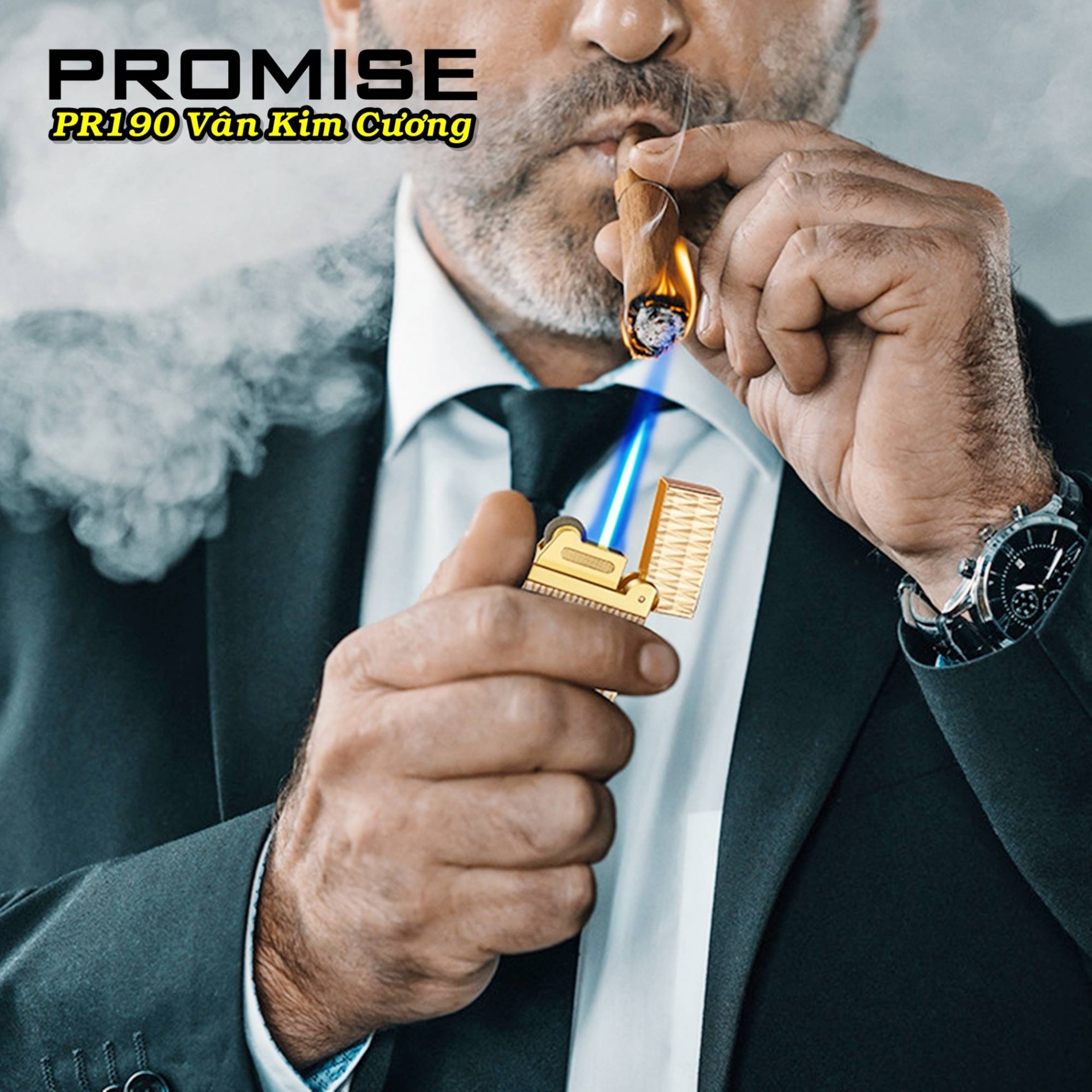 Bật lửa Promise PR-190 vân kim cương gas đá rãnh tay lửa khò