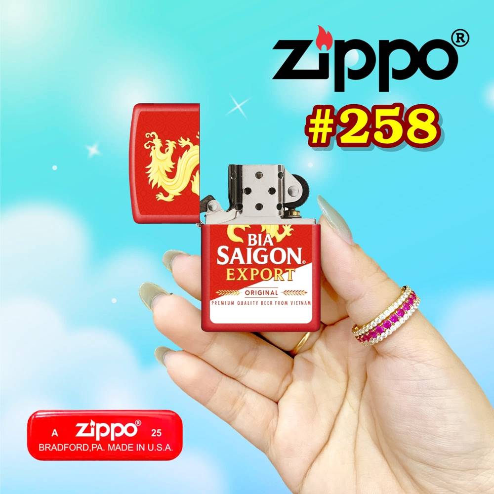 Bật lửa Zippo logo bia Sài Gòn Export - hộp thiếc kèm xăng